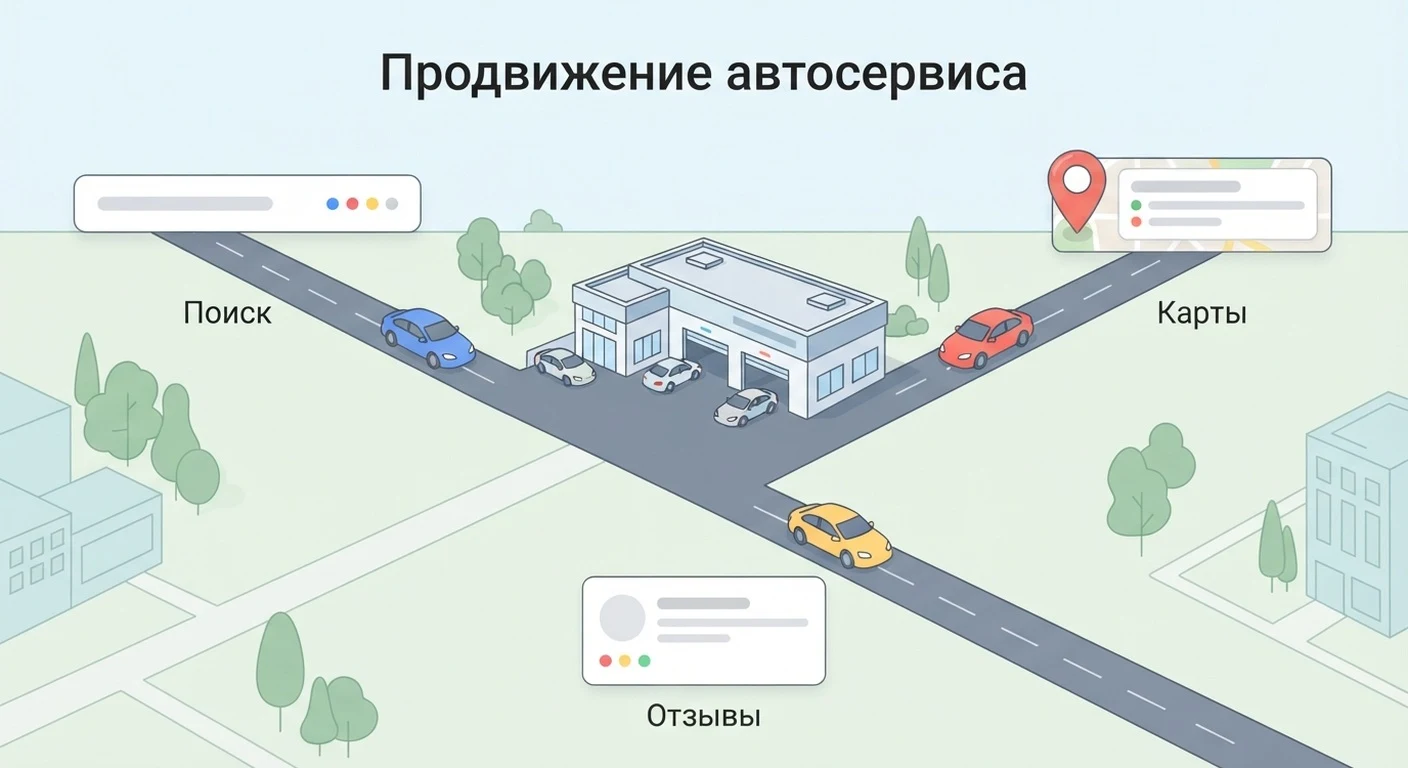 К автосервису ведут три дороги: поиск, карты и отзывы