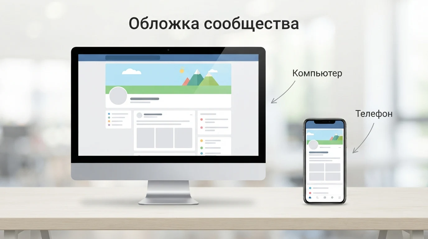 Обложка сообщества ВКонтакте на компьютере и на телефоне