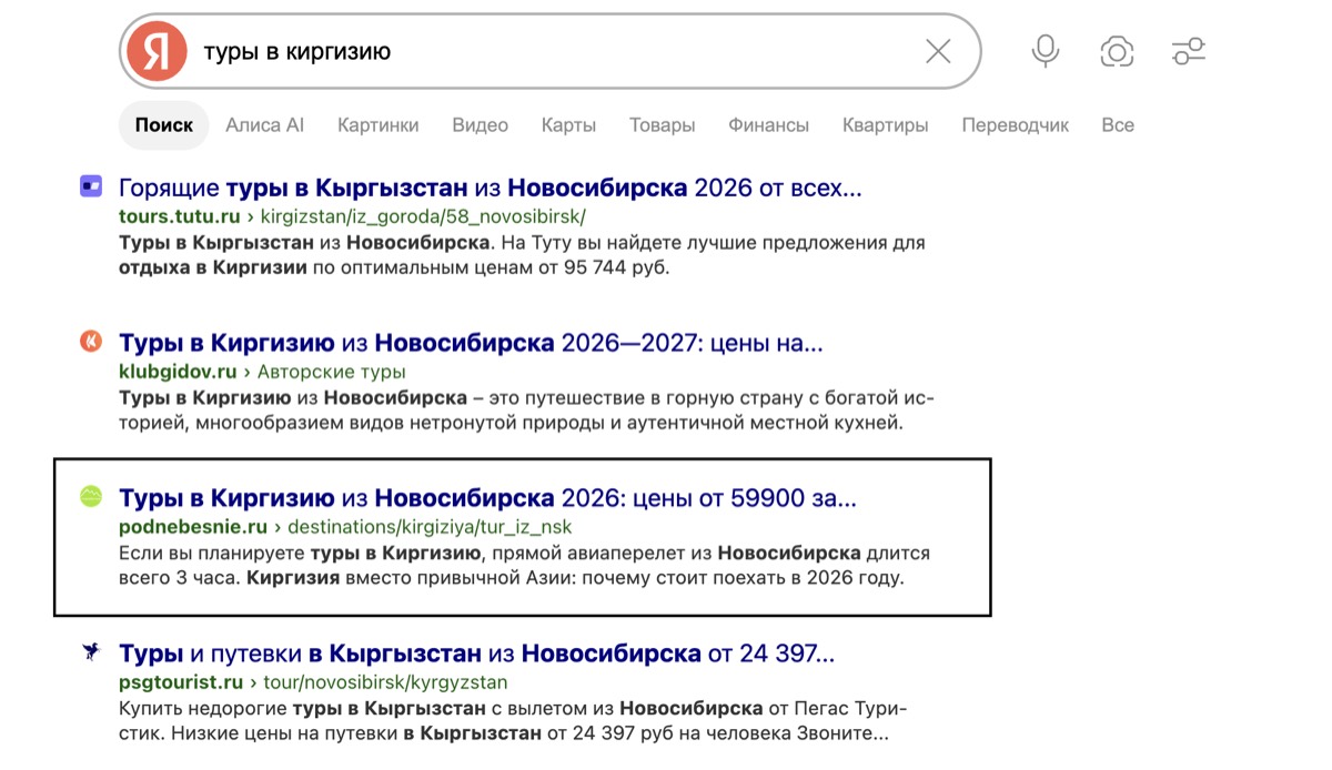 Выдача Яндекса по запросу «туры в киргизию»: сайт клиента в ТОП-3