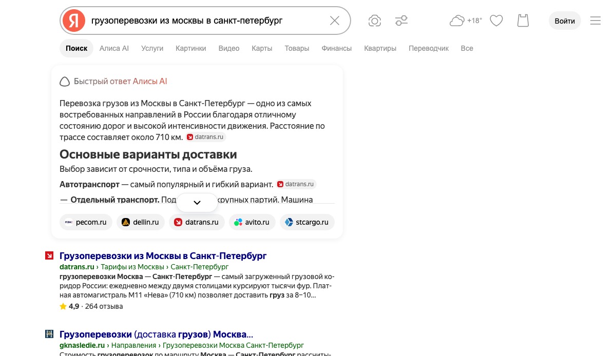 Реальная выдача Яндекса по запросу «грузоперевозки из москвы в санкт-петербург»: сверху быстрый ответ Алисы AI со ссылками на сайты перевозчиков, ниже страница направления транспортной компании