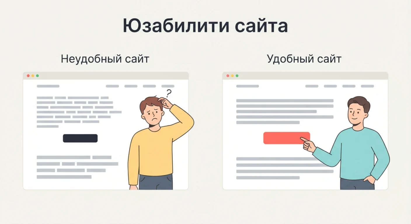 Неудобная и удобная страница: мелкий текст и спрятанная кнопка против крупного текста и заметной кнопки